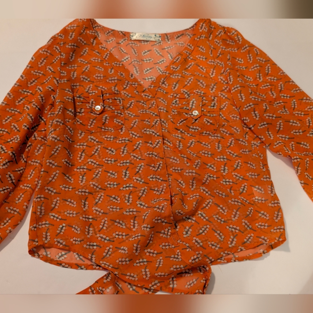 Whimsy Clothing Orange Patterned Women's Crop Waist Tie Top Small
